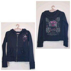 Y2K Hard Rock Cafe Hotel Hollywood FL Womens M Hoodie Full Zip Rose Crown Fringe